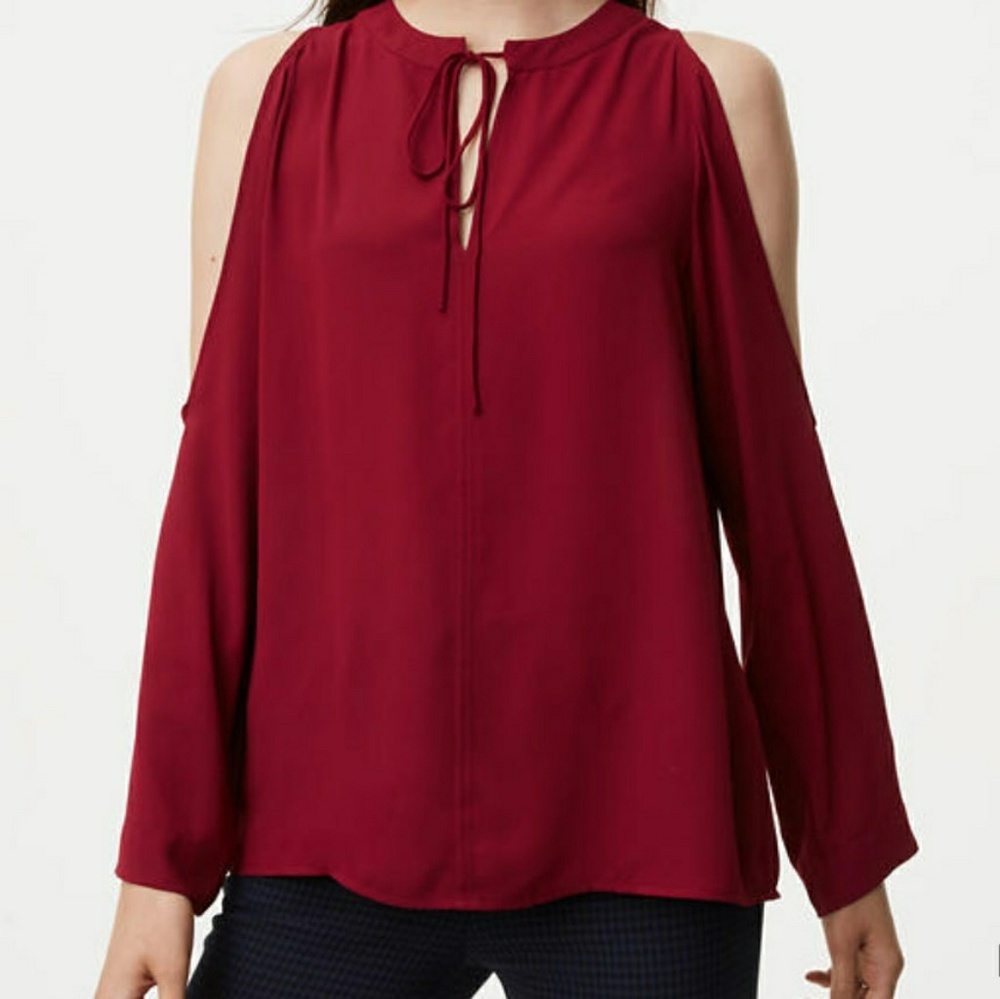 Loft,Ann Taylor Loft Maroon Cold Shoulder Top